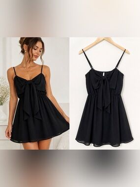 Sage Black Chiffon Bow Front Mini Dress Small Coquette Date Night Chic